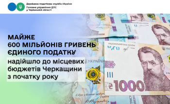 Майже 600 мільйонів гривень єдиного податку надійшло до місцевих бюджетів Черкащини з початку року