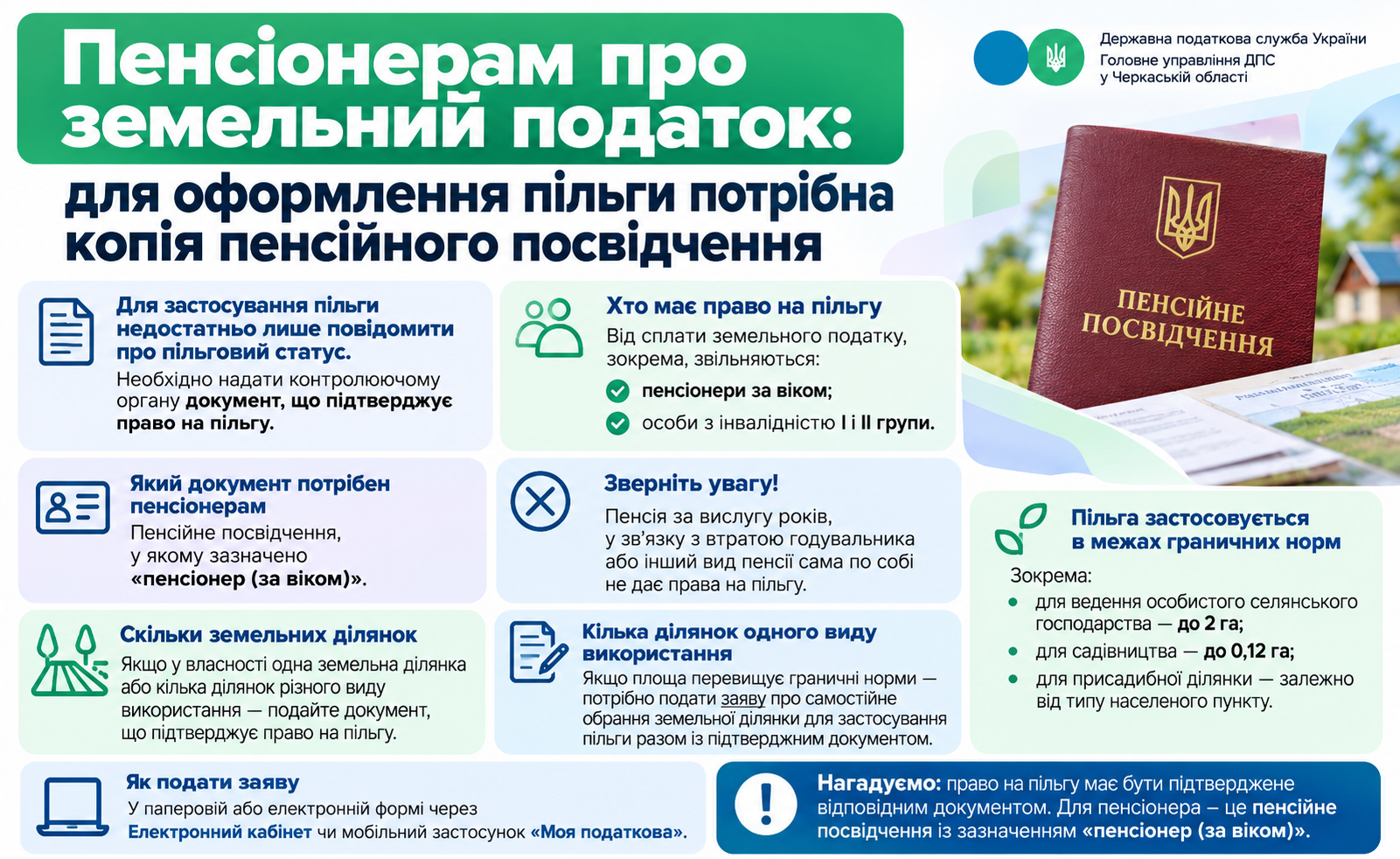 Пенсіонерам про земельний податок: для оформлення пільги потрібна копія пенсійного посвідчення